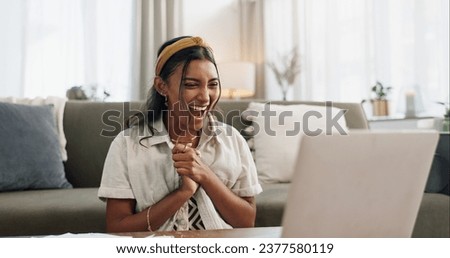 Woman, excited and winning with laptop in home living room on floor with smile, success and profit on stock market. Trader girl, investor or entrepreneur with computer for goals, bonus and revenue
