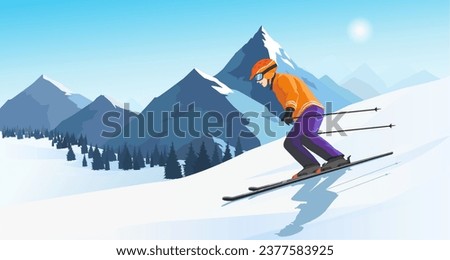 Skier in orange jacket. Picturesque landscape, ski season. Extreme freestyle downhill on snowy slope. Outdoor vacation, memorable resort. Active winter sport. Recreation concept. Vector illustration Royalty-Free Stock Photo #2377583925