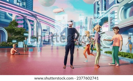 Portrait of Handsome South Asian Man Wearing Virtual Reality Headset in a 3D Digital VR World with Online Network Platform. Indian Man Exploring Next Generation Immersive Social Media Enviromnet.