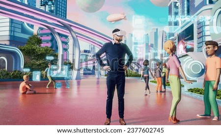 Portrait of a Handsome South Asian Man Wearing Virtual Reality Headset in a 3D Digital VR World with Online Network Platform. Indian Man Exploring Next Generation Immersive Social Media Enviromnet. Royalty-Free Stock Photo #2377602745