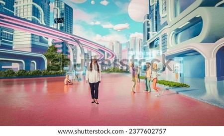 African Female Wearing a Virtual Reality Headset. She Is Walking In Digital Internet 3D Universe with Colorful Avatars. Next Generation Immersive Social Network Online Metaverse Experience Royalty-Free Stock Photo #2377602757