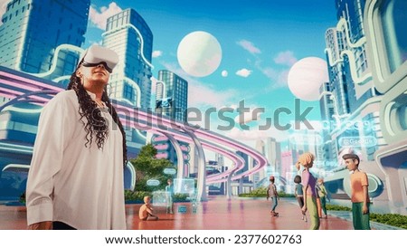 African Female Wearing a Virtual Reality Headset. She Is Walking In Digital Internet 3D Universe with Colorful Avatars. Next-Generation Immersive Social Network Online Metaverse Experience Concept. Royalty-Free Stock Photo #2377602763