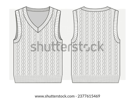 Knitted vest with v-neck and smal braids. Technical sketch. Royalty-Free Stock Photo #2377615469