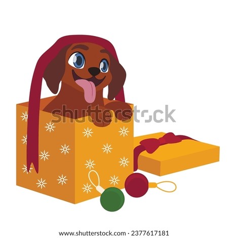 Cute puppy sitting in Christmas gift box on white background