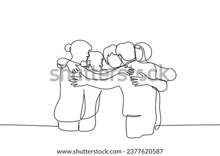 group of people of men and women stand hugging - one line art vector. concept teamwork, team building Royalty-Free Stock Photo #2377620587