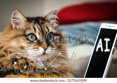 cat looking at smartphone mobile cell phone. selective focus. Future Artificial Intelligence concept Royalty-Free Stock Photo #2377655509