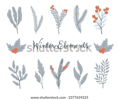 Vector winter clipart. Collection of hand drawn winter floral elements. Royalty-Free Stock Photo #2377659225