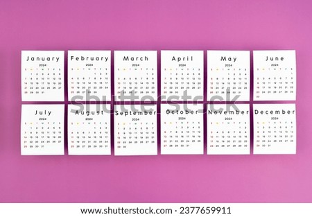 Months 1 to 12 January-December 2024 calendar page on purple color background.