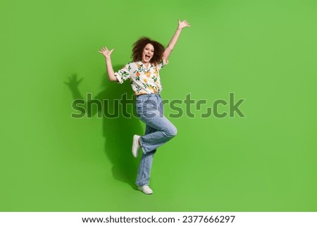 Full length photo of shiny adorable lady wear print shirt having disco fun empty space isolated green color background