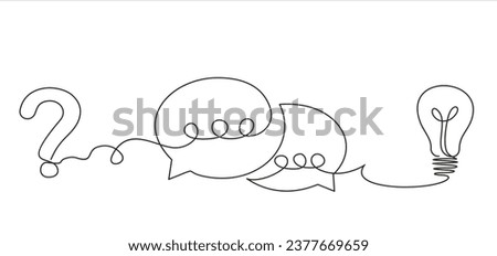 Quick tips. Continuous one line drawing of question mark, light bulb and speech bubbles. Trendy line art vector on a white background. Vector illustration. Hand drawn one line vector.