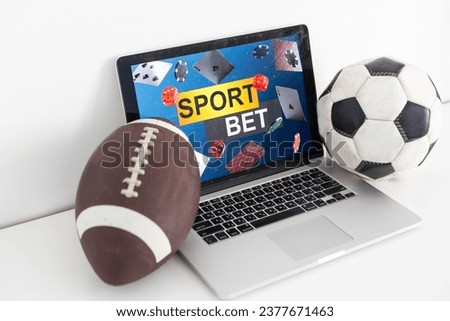 Online sports betting poster banner design template. Laptop and soccer basketball baseball balls, stopwatch, hockey puck, yellow and red referee cards, trophy award cup and dollar coins. Royalty-Free Stock Photo #2377671463