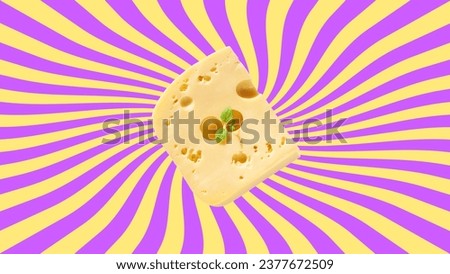 Creative cheese advertising banner colorful sunburst retro style background. Yummy piece of Maasdam Swiss, Dutch or Italian hard cheese with holes. Farm dairy products modern Pizza Fast food promotion