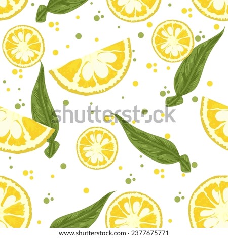 A seamless pattern of Yuzu sliced with leaf. vector illustration.