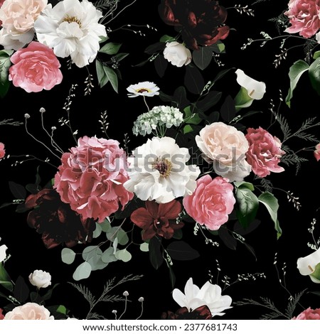 Elegant fall dark pattern, arranged from autumn leaves and flowers. Pink garden rose, white peony, hydrangea, ranunculus, calla lily, orchid vector design. Masterpiece style. Isolated and editable