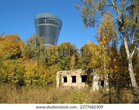 macro photo with a decorative landscape background of a destroyed building and a modern high-rise building in a city park for design as a source for prints, posters, decor, wallpaper, advertising