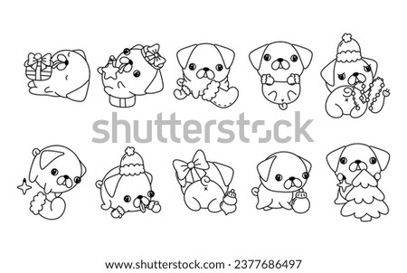 Set of Vector Christmas Pug Dog Coloring Page. Collection of Kawaii Isolated New Year Dog Outline. 