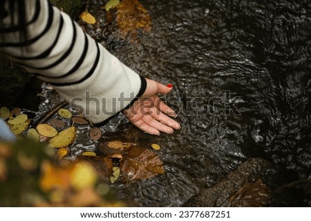 The picture of how a young lady wants to steal water from a lake where a very clean and cold spring flows. The girl with beautiful red nails put her hand in the cold water with lots of colorful autumn