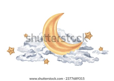 Moon in the clouds with stars vector illustration. Hand drawn clip art on white isolated background. Watercolor drawing of golden crescent. Painting of the night sky for a baby room and nursery