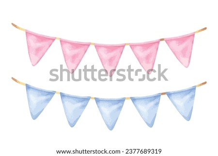Garland vector illustration. Hand drawn clip art of pennant on isolated background. Watercolor drawing of pink and blue party flags. Painting of festoon in pastel colors. Sketch of birthday bunting
