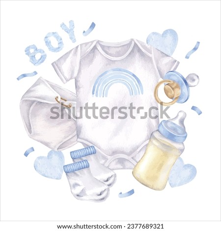 Baby boy things set vector illustration. Hand drawn clip art on isolated background. Watercolor drawing of children's items. Sketch of bodysuit with pacifier and bottle. For shower party or birthday