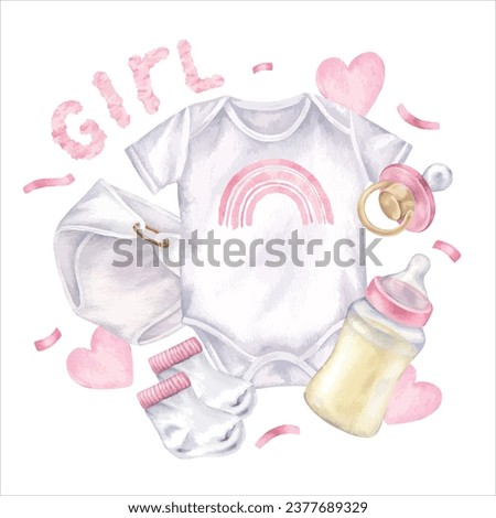 Baby girl things set. Vector illustration for shower party. Hand drawn clip art on white isolated background. Watercolor drawing of pink kids stuff. Sketch of bodysuit with pacifier and milk bottle