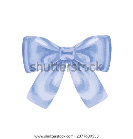 Blue ribbon Bow vector illustration. Hand drawn graphic clip art on white isolated background. Watercolor painting of birthday gift decoration. For the design of greeting cards and invitations