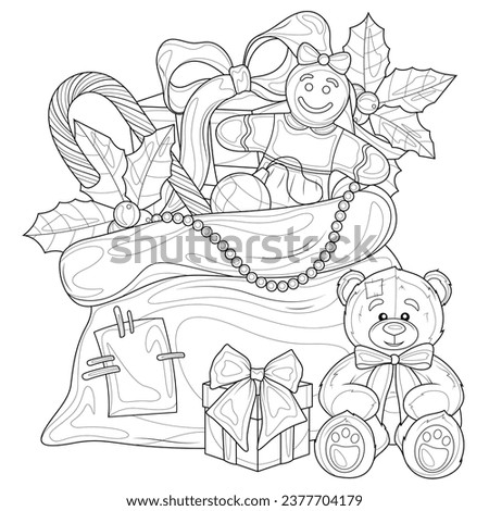 A bag of gifts for Christmas.Coloring book antistress for children and adults. Illustration isolated on white background. Royalty-Free Stock Photo #2377704179
