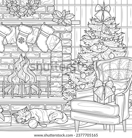 
Christmas tree and a chair by the fireplace.Coloring book antistress for children and adults. Illustration isolated on white background.Zen-tangle style. Hand draw Royalty-Free Stock Photo #2377705165