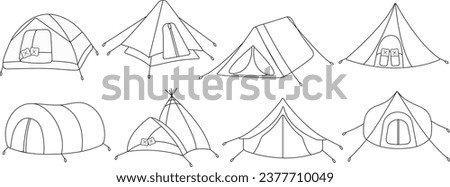 Camping, tourist, military tent for expedition in a set in doodle style. Summer camp, outdoor recreation, picnic, camping equipment, tourism. Vector illustration on a white background.
