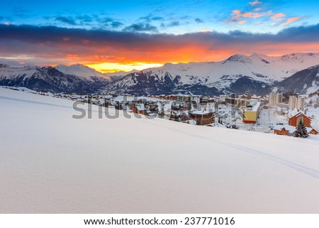 Fantastic sunrise,winter landscape and ski resort in French Alps,La Toussuire,France,Europe Royalty-Free Stock Photo #237771016