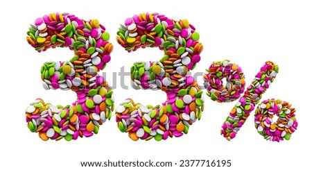 Colorful sugar beans 33% or Thirty Three  Percent isolated on white background. 3d illustration