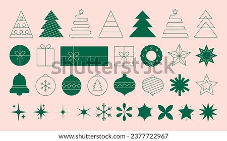 Set of minimalistic geometric Christmas elements in flat and linear style. Abstract Xmas decoration. Vector illustration