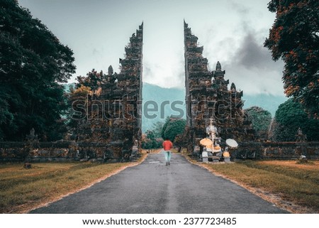 Beautiful Bali destination scenery aerial view on traditional Hindu gate on nature background Bali architecture and culture