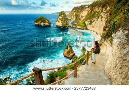 Travel people enjoy epic view nature landscape tropical beach with scenery mountain rocks in ocean on nature background