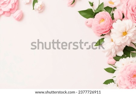 Template white flowers with yellow stamens placed on a pink background. Royalty-Free Stock Photo #2377726911