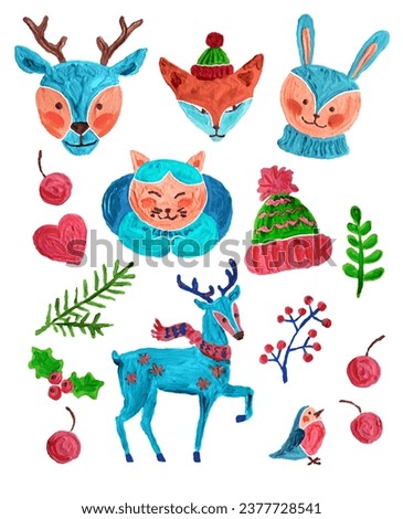 Pretty cute funny smiling animal set with Christmas mood. Hand painting acrylic, oil paint or gouache matte simple doodle kawaii cat, deer, fox, rabbit on white. Brush stroke impasto kid style texture