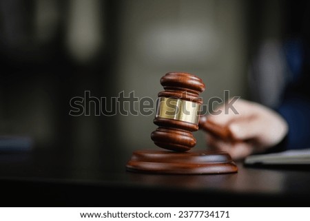wooden gavel, a wooden legal gavel on an office desk, Judge gavel, Law, Royalty-Free Stock Photo #2377734171