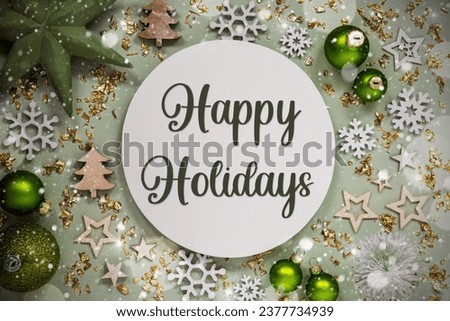 Text Happy Holidays, Winter Flatlay, Green Christmas Decoration, Background With Snow