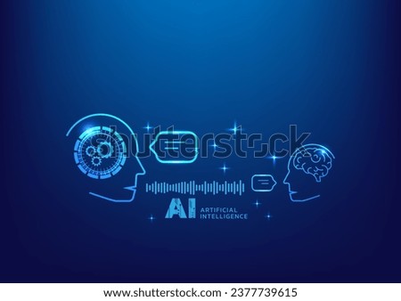 chatbot, chat with ai. Digital chat bot business. Human ask bot. Bot conversation. Smart ai chat bot communicate with human. Artificial intelligence speak blue background. Banner, cover, poster, ads Royalty-Free Stock Photo #2377739615