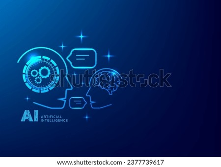 chatbot, chat with ai. Digital chat bot. Human ask bot. Bot conversation. Smart ai chat bot communicate with human. Artificial intelligence technology blue background. Banner, cover, poster, ads Royalty-Free Stock Photo #2377739617