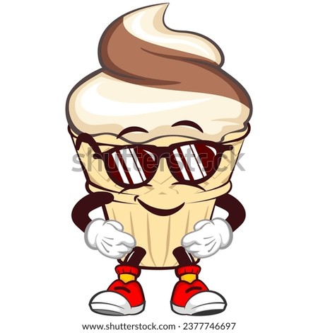 Ice cream character mascot with funny face wearing sunglasses, isolated cartoon vector illustration. emoticon, cute ice cream cone mascot
