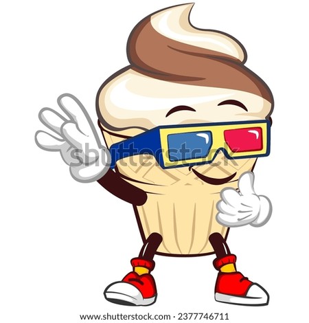 Ice cream character mascot with funny face wearing 3 dimensional glasses to watch 3d movie, isolated cartoon vector illustration. emoticon, cute ice cream cone mascot