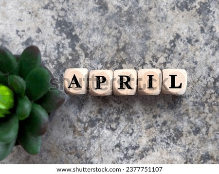 Month, time and celebration concept. APRIL written on wooden blocks. With blurred styled background.