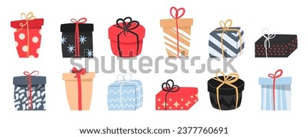 new year gift boxes set. Presents, surprises wrapped in festive paper and ribbon, bow decor. Holiday flowers, packages  different shape. Flat  illustration isolated  for poster, AD, stickers, decor 