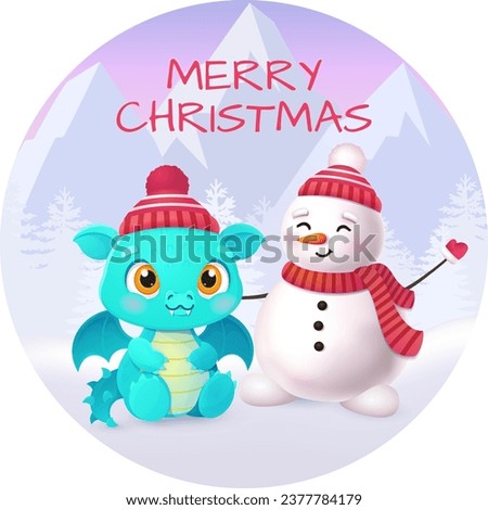 Cute baby dragon character with winter forest landscape. Merry christmas and Happy new year 2024 invitation card. Winter holidays.