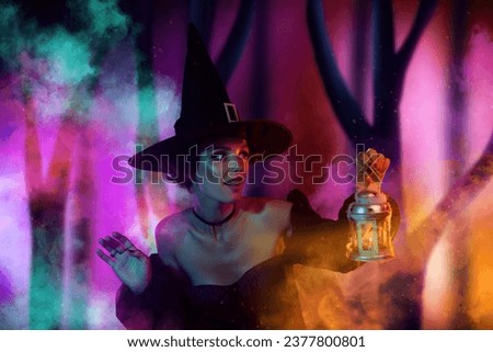 Image poster collage of lady on tradition carnival wander in wicked cruel woods with shine vibrant colors lantern