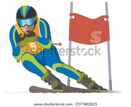 skier male, racing downhill with ski flag isolated on a white background Royalty-Free Stock Photo #2377802825