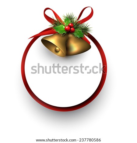 Paper card with golden shiny christmas bells. Vector illustration. 