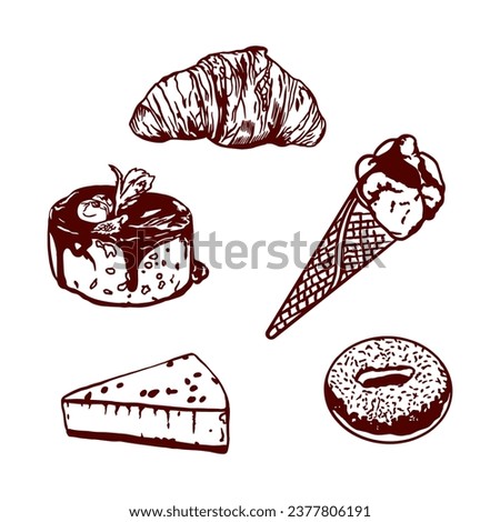 Ice cream, croissant, donut, cheesecake, pastry. Vector illustration of sweet pastries. Graphic. Menus of restaurants, cafes, food labels, covers.