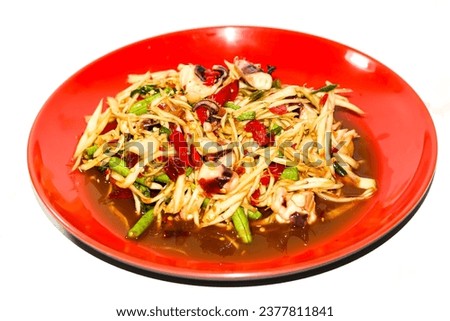 Delicious and good taste with papaya salad in the white background with isolated picture.